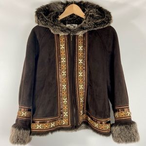 Coldwater Creek Embroidered Trim Faux Fur/Suede Jacket, Size PM